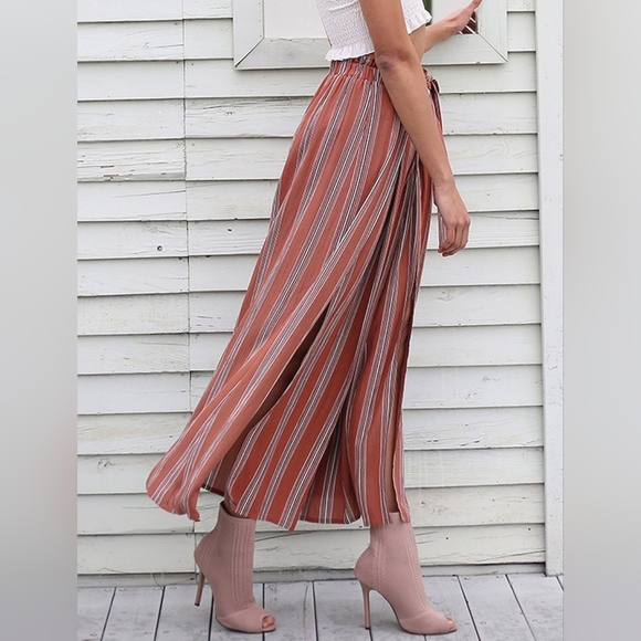 NWOT BerryGo Linen Boho High Waist Pants SplitFlowy Stripe Wide Leg Pant - Picture 2 of 6